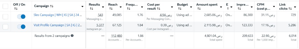 Vitro — Meta Ads Manager dashboard: two campaigns, 112k+ reach, 6k+ link clicks
